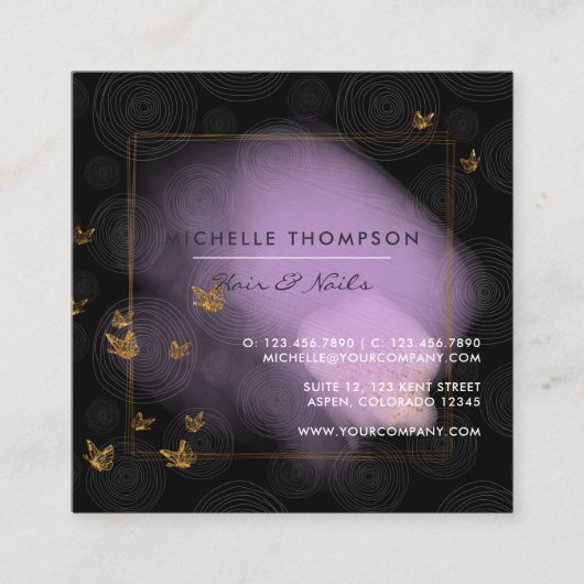 パープルと金ゴールドブラシストロークドゥードルスクエアビジネス スクエア名刺 (正面)