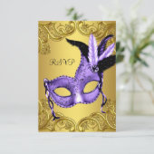 パープルと金ゴールドマスカレードパーティーRSVP 出欠カード (スタンド正面)
