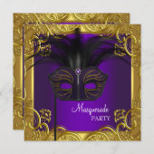パープルと金ゴールドマスクマスカレードパーティー 招待状 (正面/裏面)
