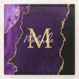 パープルと金ゴールドマーブルゲート ガラスコースター