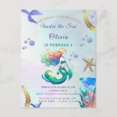 パープルと金ゴールドマーメイドの誕生日の下の海 インビテーションポストカード (正面)