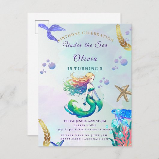 パープルと金ゴールドマーメイドの誕生日の下の海 インビテーションポストカード (正面/裏面)