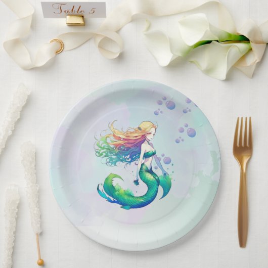 パープルと金ゴールドマーメイドの誕生日の下の海 ペーパープレート (ウェディング)