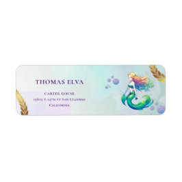 パープルと金ゴールドマーメイドの誕生日の下の海 ラベル