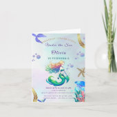 パープルと金ゴールドマーメイドの誕生日の下の海 招待状 (正面)