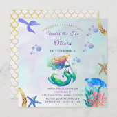 パープルと金ゴールドマーメイドの誕生日の下の海 招待状 (正面/裏面)