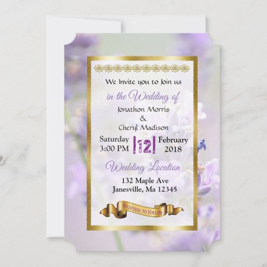パープルと金ゴールドラベンダー結婚式招待状 招待状 (正面)