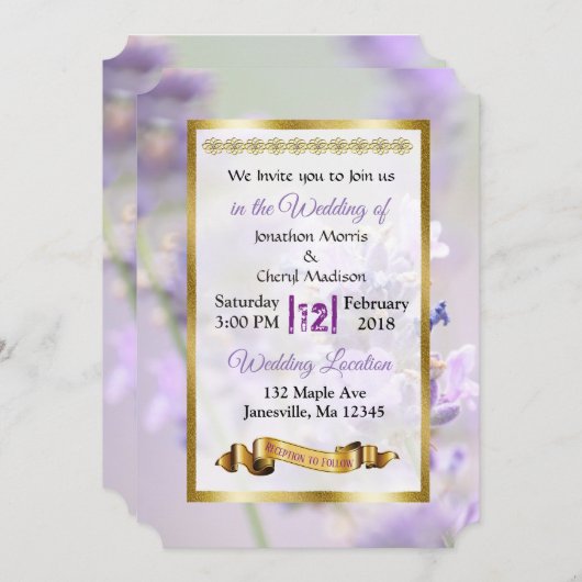 パープルと金ゴールドラベンダー結婚式招待状 招待状 (正面/裏面)