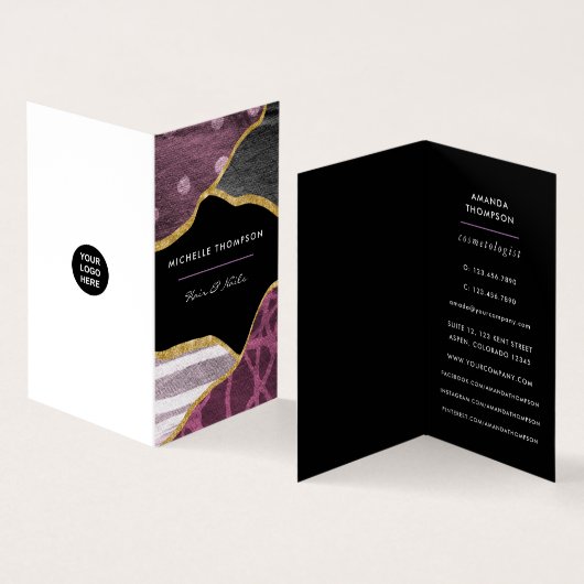 パープルと金ゴールドリネンのファブリックの名刺 名刺 (内部&外部)