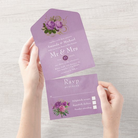 パープルと金ゴールドヴィンテージシックなフローラ結婚ズ オールインワン招待状 (貼ってはがせる)