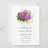 パープルと金ゴールドヴィンテージシックなフローラ結婚ズ 招待状 (正面)