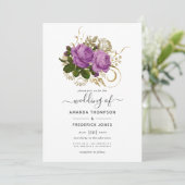 パープルと金ゴールドヴィンテージシックなフローラ結婚ズ 招待状 (スタンド正面)