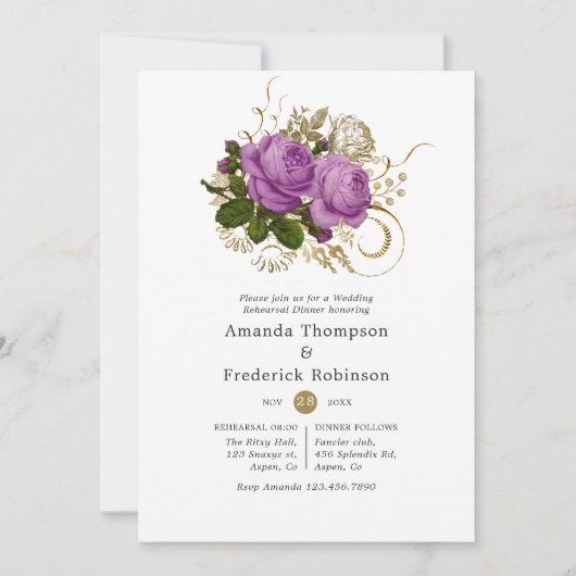 パープルと金ゴールドヴィンテージシックなリハーサルディナー 招待状 (正面)
