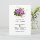 パープルと金ゴールドヴィンテージシックなリハーサルディナー 招待状 (スタンド正面)