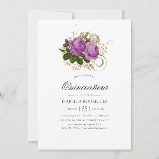 パープルと金ゴールドヴィンテージシックキンセアニラ 招待状 (正面)