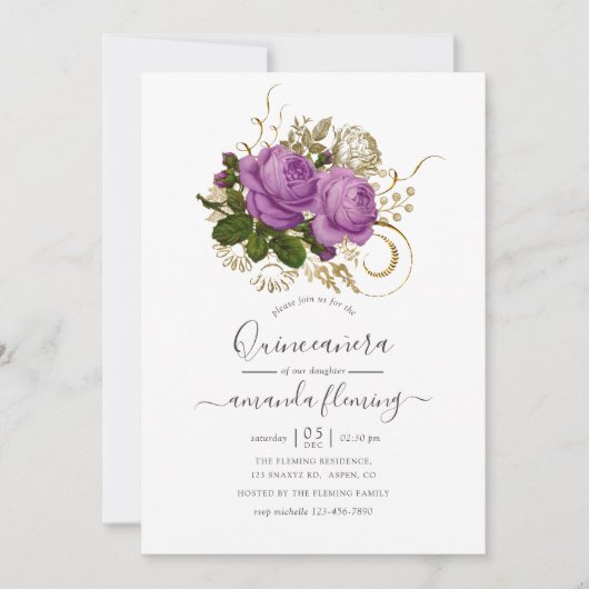 パープルと金ゴールドヴィンテージシックフローラクインセアニラ 招待状 (正面)