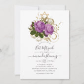パープルと金ゴールドヴィンテージシックフローラバルミツワー 招待状 (正面)