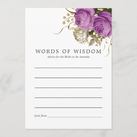 パープルと金ゴールドヴィンテージシックフローラブライダルアドバイス アドバイスカード (正面)