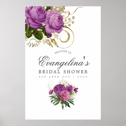 パープルと金ゴールドヴィンテージシックブライダルシャワーへようこそ ポスター (正面)