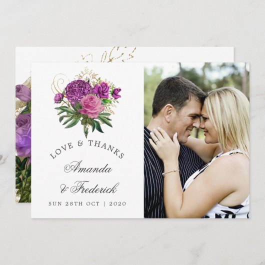 パープルと金ゴールドヴィンテージシック結婚の感謝 サンキューカード (正面/裏面)