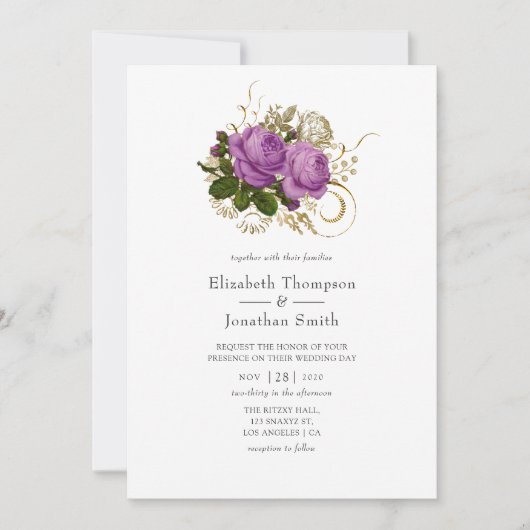 パープルと金ゴールドヴィンテージシック結婚ズ 招待状 (正面)
