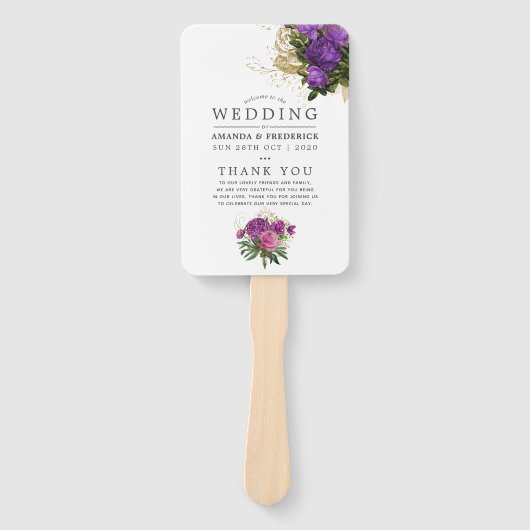 パープルと金ゴールドヴィンテージシック結婚式 プログラム ハンドファン (正面)