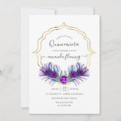 パープルと金ゴールドヴィンテージピーコックフローラクインセアニラ 招待状 (正面)