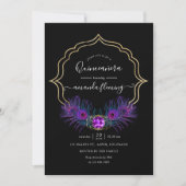 パープルと金ゴールドヴィンテージピーコックフローラクインセアニラ 招待状 (正面)