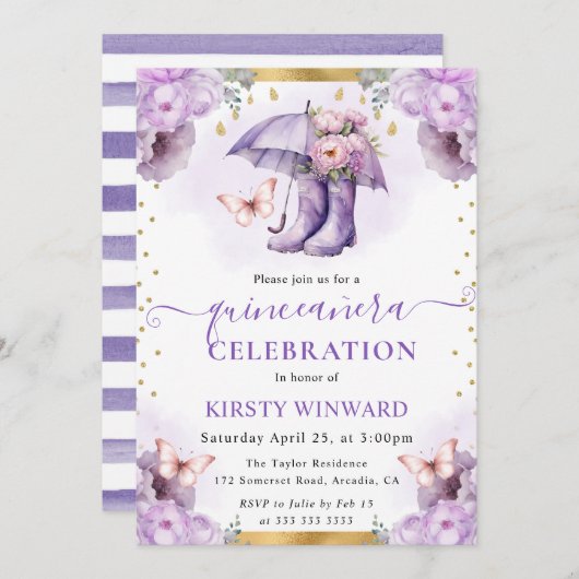パープルと金ゴールド春アンブレラキンセアニェラ 招待状 (正面/裏面)