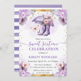 パープルと金ゴールド春アンブレラスウィート16 招待状