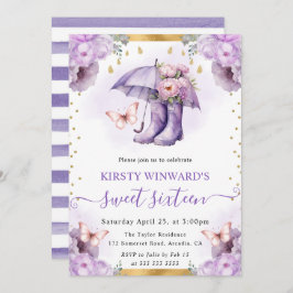 パープルと金ゴールド春アンブレラスウィート16 招待状