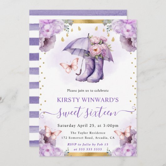 パープルと金ゴールド春アンブレラスウィート16 招待状 (正面/裏面)