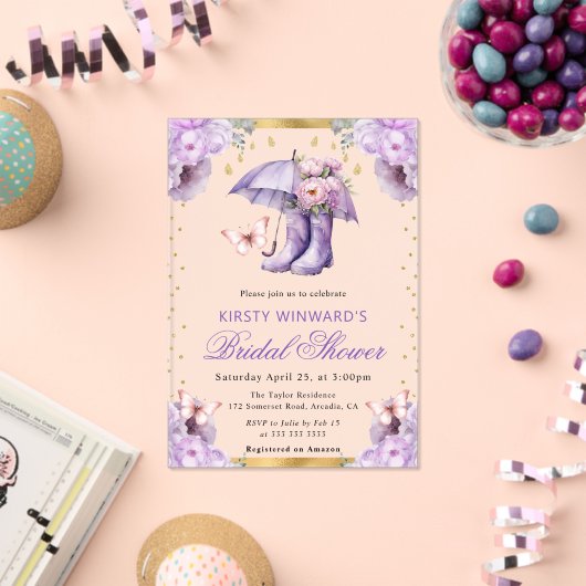 パープルと金ゴールド春アンブレラブライダルシャワー アクリル招待状 (インサイチュ (お祝い))