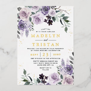 パープルと金ゴールド素朴ダスティバラ結婚フローラ 箔招待状