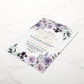 パープルと金ゴールド素朴ダスティバラ結婚フローラ 箔招待状 (回転した状態)
