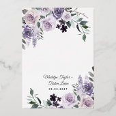 パープルと金ゴールド素朴ダスティバラ結婚フローラ 箔招待状 (裏面)