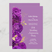 パープルと金ゴールド結婚フローラの記念日パーティー 招待状 (正面/裏面)