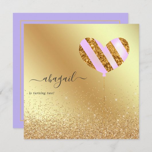 パープルと金ゴールド誕生日パーティー 招待状 (正面/裏面)