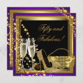 パープルと金ゴールド50th誕生日パーティー 招待状 (正面/裏面)