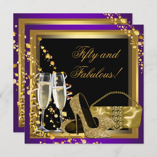 パープルと金ゴールド50th誕生日パーティー 招待状 (正面/裏面)
