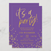 パープルと金ゴールド50th誕生日パーティー 招待状 (正面/裏面)