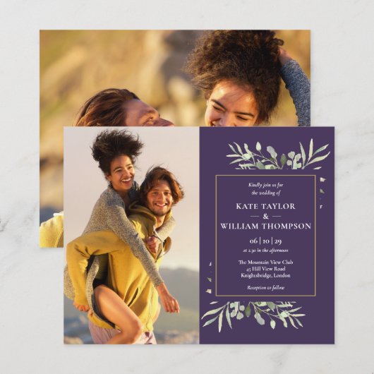 パープルなグリーン装飾の写真入り格安ウエディングインビテーション (正面/裏面)