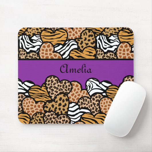 パープルな女の子の動物柄のハートに名前がついてる マウスパッド (マウス)