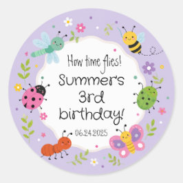 パープルのかわいい虫の女の子の誕生日 ラウンドシール