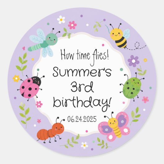 パープルのかわいい虫の女の子の誕生日  ラウンドシール (正面)