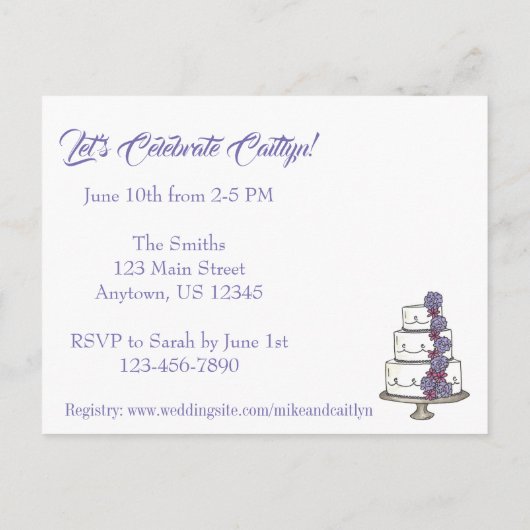パープルのウェディングケーキ ブライズシャワーへご招待 インビテーションポストカード (裏面)