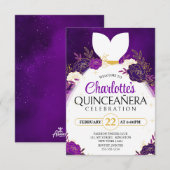 パープルのキンセアニエラ フラワーホワイトプリンセスドレス 招待状 (正面/裏面)