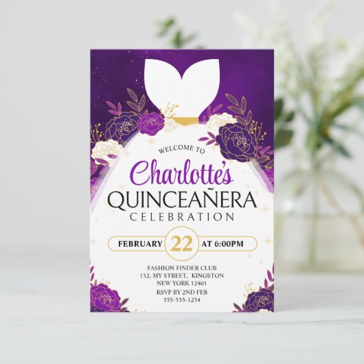 パープルのキンセアニエラ フラワー ホワイト プリンセスドレス 招待状 (スタンド正面)