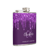 パープルのグリッターが滴るモノグラム名前のスクリプト フラスク (右)