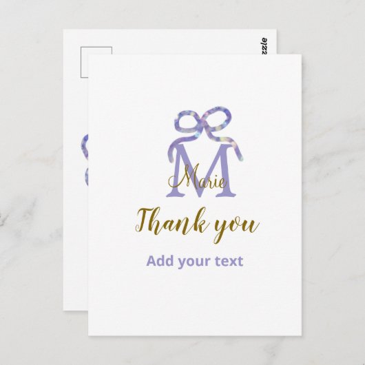 パープルのグリッター・リボンに名前のイニシャルを入れて感謝 ポストカード (正面/裏面)